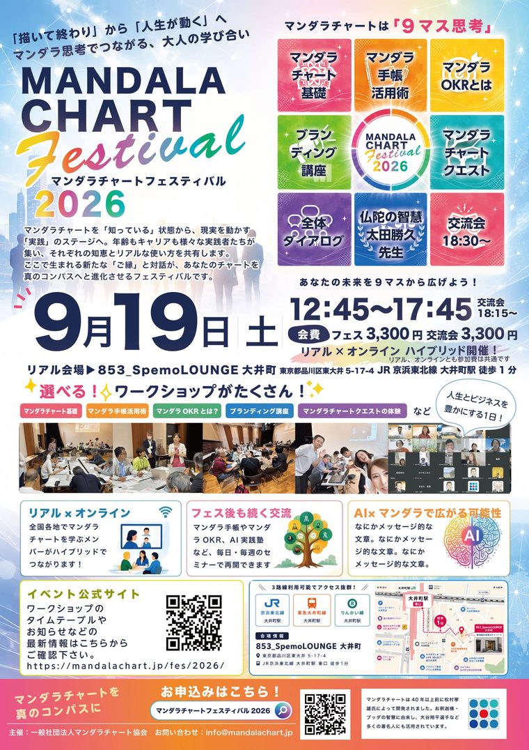 マンダラチャートフェスティバル2026 チラシ表面。9月19日（土）12:45〜17:45、853_SpemoLOUNGE 大井町、リアルとオンラインのハイブリッド開催