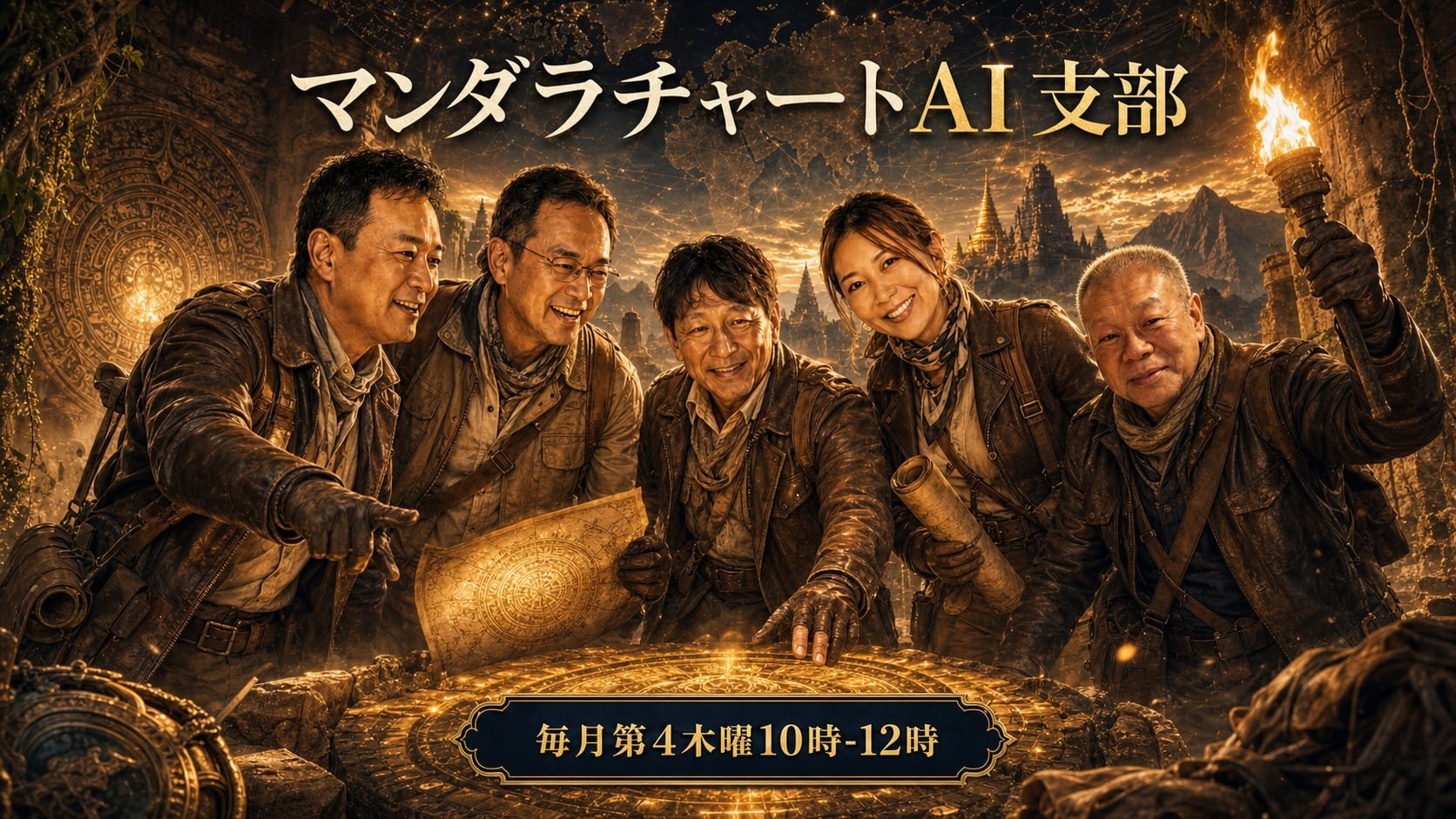 マンダラチャートAI支部。冒険者の姿をした5人が、金色に光るマンダラチャートの地図を囲んでいるイラスト。毎月第4木曜10時-12時
